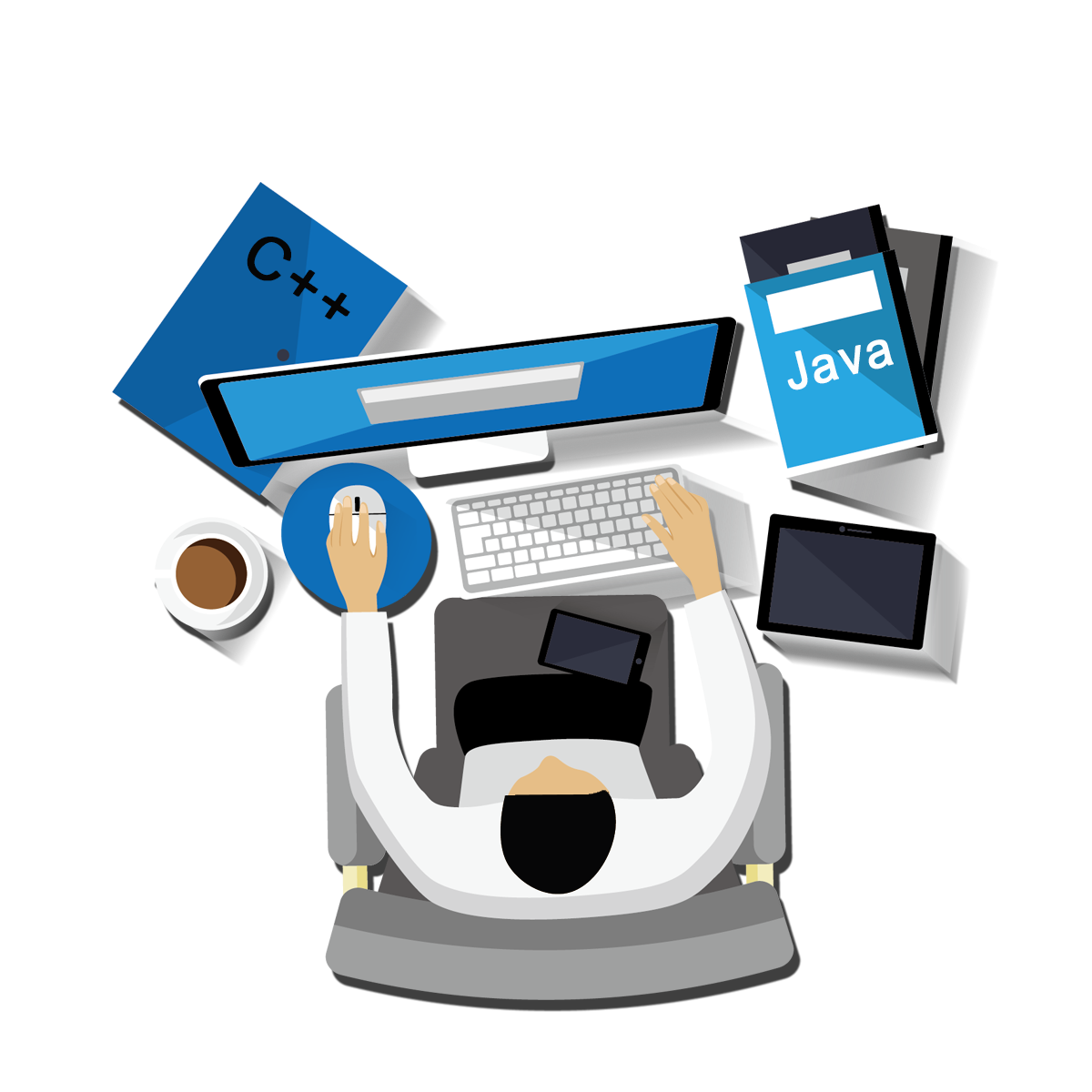 Overhead view of a developer working in front of his computer